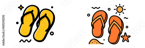 Set of two summer flip-flop icons for beach vacation and travel concepts isolated on a white background