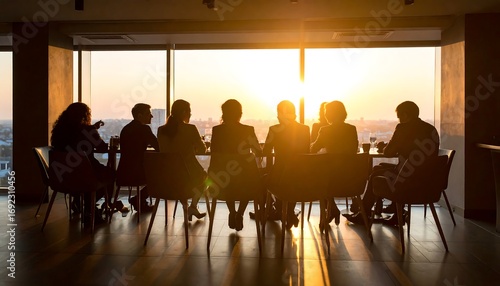 Silhouette of business people in meeting, sunset view