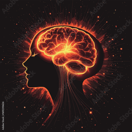 Silhouette of a human head with waves and rays of light through the brain. Stock vector illustration , vector style simple color