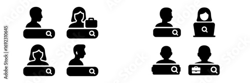 Set of black glyph icons for searching people, employees, and candidates for a job, recruitment and human resources concept