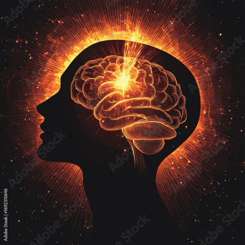 Silhouette of a human head with waves and rays of light through the brain. Stock vector illustration , vector style simple color