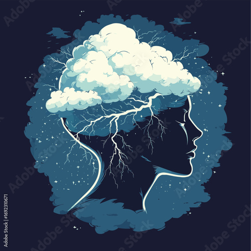 Silhouette of a human head with waves and rays of light through the brain. Stock vector illustration , vector style simple color
