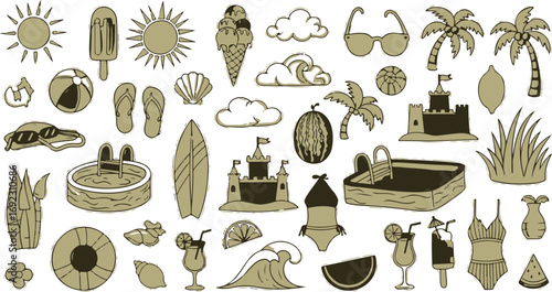 Summer vacation sketch icons seamless pattern full of relaxation and beach themed elements for
