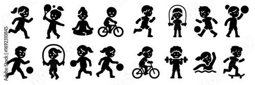 Set of children's sports and physical activity icons showing kids running, cycling, swimming, and playing various games like soccer and tennis in black silhouette style on a white background