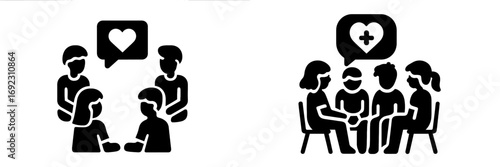 Black glyph icons representing group therapy, support meetings, and community counseling for mental health and emotional well-being concepts