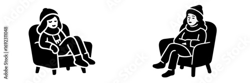 Two women in winter clothes sitting in armchairs with contrasting emotions of happiness and sadness, black and white silhouette icon set for relaxation and mood