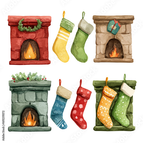 EPS painting design, Vector illustration set, My Watercolor illustration, Christmas fireplace with stocking painting isolated on a white background