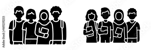 Diverse group of students glyph icons for education and school concepts, black silhouette symbols of multicultural classmates standing together