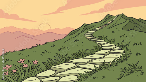 Illustration of stone pathway leading to mountain peak at sunset scenic landscape drawing art design
