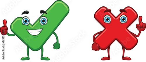 Cartoon green check mark and red cross character with eyes and hands, correct and wrong symbol, approval rejection decision choice icon