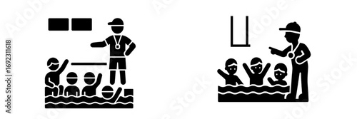 Swimming instructor teaching children in a pool black glyph icons for water safety and sports training class