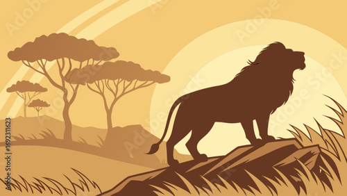 Lion silhouette vector graphic on african savanna background landscape illustration design concept art