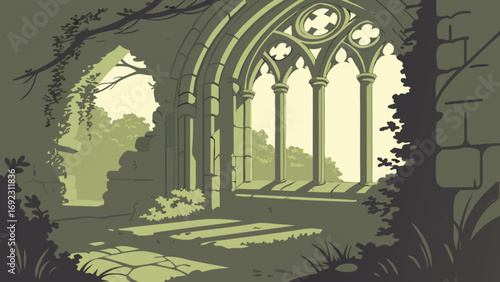 Explore the ancient ruins window vector illustration of a forgotten abbey or cathedral landscape view drawing