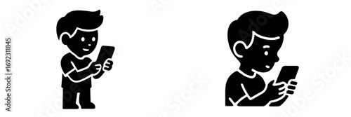 Black glyph icon set of a young boy using a mobile phone for communication and entertainment, isolated on a white background
