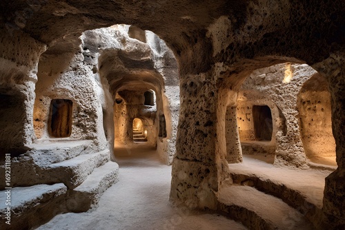 catacomb interior evokes haunting mystery with ancient stone tunnels and shadowy niches