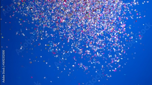 Colorful confetti falling dynamically against a solid blue background, conveying a sense of joyful celebration.