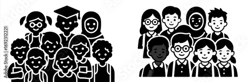 Black and white images of diverse student groups and children for education, school class photos, and multicultural community concepts