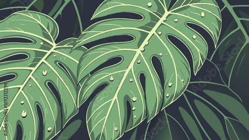 Monstera deliciosa leaf plant illustration with water drops for botanical design and nature themed backgrounds