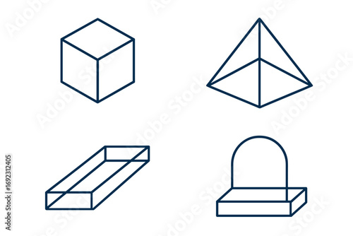 Isometric geometric figures including a cube, square pyramid, and other polygonal shapes in a minimalist outline style