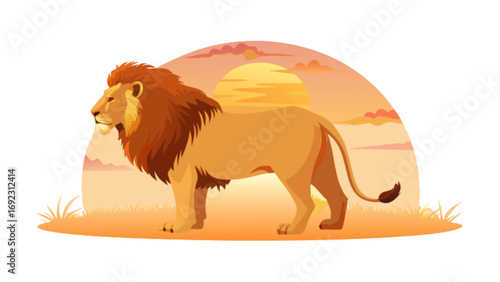 Illustration of a lion in the savanna at sunset wildlife animal king of the jungle africa safari art vector