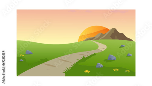 Scenic landscape illustration of mountain trail at sunset with green fields and rocky path artwork vector