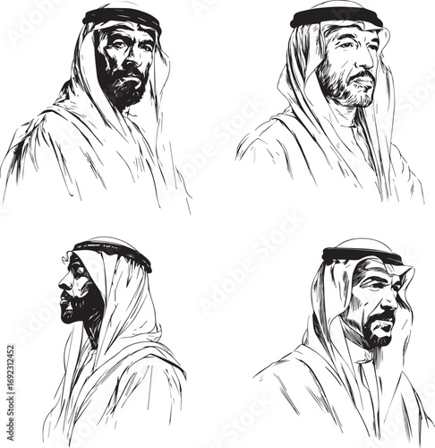 Vector art of four portraits of men in traditional emirati attire