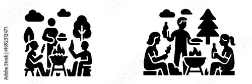 Set of black glyph icons depicting friends and family enjoying an outdoor barbecue picnic with grilling food and drinks in a park or campsite