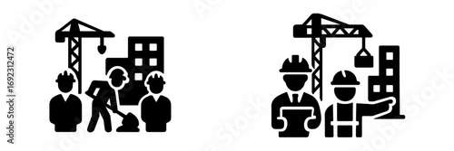 Construction site development with engineers and workers overseeing building progress and heavy machinery operation