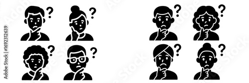 Set of diverse people icons with question marks showing confusion, doubt, and contemplation. Black and white glyphs of men and women thinking or asking questions