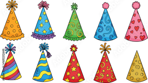 Colorful cartoon party hats collection for birthday celebration, festive cone hats with patterns, decorative holiday accessories, kids party supplies illustration