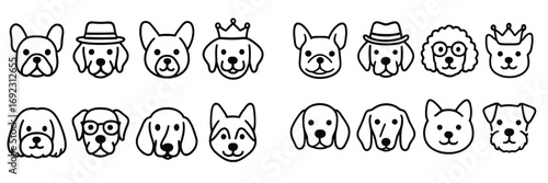 Set of cute dog face icons in a simple black and white line art style with various breeds and accessories