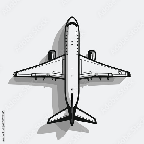 Minimalist Black and White Airplane Top View Illustration.