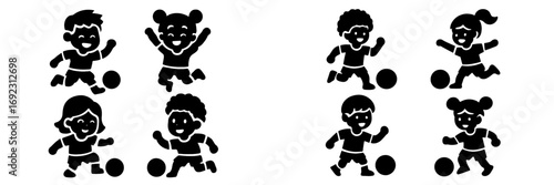 Black silhouette icons of diverse children playing soccer, depicting sports and activity on a white background