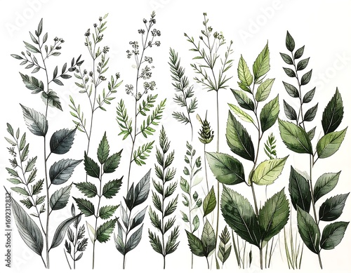 Botanical watercolor arrangement of various greenery