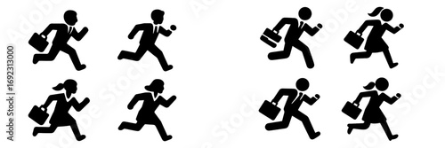 Set of running businessman and businesswoman icons showing people in a hurry with briefcases for corporate concepts