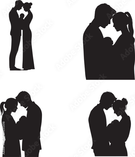 Vector art of silhouettes of couples and families