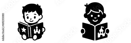 Minimalist depiction of young boys reading storybooks with imaginative fantasy elements like castles and stars coming to life