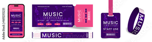 Set of Music Festival Concert Entry Ticket and Bracelet Pass with Mobile Ticket and Staff Pass Template. Event Access Entry Pass