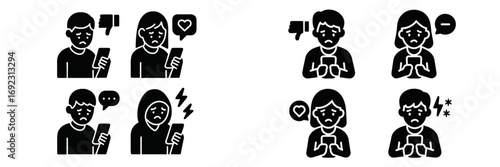 Cyberbullying and social media anxiety icon set with sad people looking at phones and negative online feedback symbols