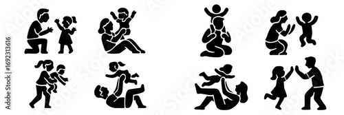 Set of black silhouette icons showing parents playing with their children in various poses like piggyback rides and high fives