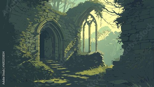 Explore ancient ruins illustration of a stone abbey with gothic architecture and nature landscape artwork