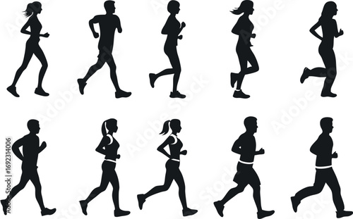 Diverse group of male and female runners in silhouette showcasing various running styles and poses