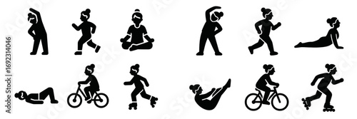 Woman exercise and fitness activity icon set showing various physical workouts like running, yoga, cycling, and stretching