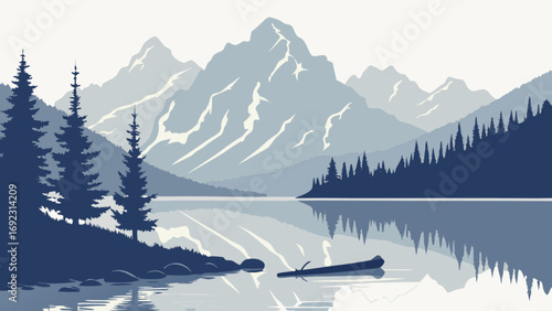 Mountain lake landscape vector illustration with pine trees and reflections scenic nature background art design