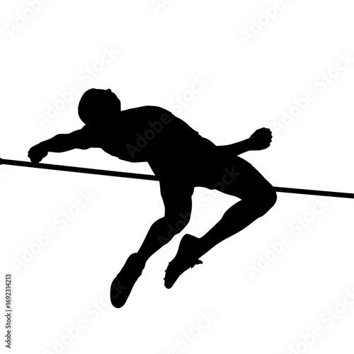 Dynamic high jumper silhouetted mid-air clearing the bar, showcasing athletic prowess and determination in black and white