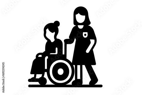 Nurse or caregiver providing support and assistance to an elderly patient in a wheelchair, a simple black glyph icon for medical and senior care