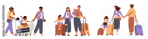 Set of different families going on vacation flat vector illustrations isolated on white. Parents with children walking in airport with luggage cart, standing together with suitcases, pulling suitcases
