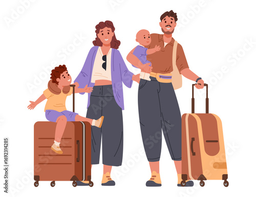 Happy family with two kids standing with suitcases going on vacation flat vector illustration isolated on white.