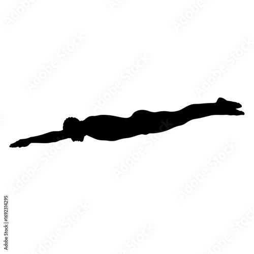 Dynamic silhouette of a swimmer diving gracefully, showcasing power and athleticism in a stunning black and white composition for professional use