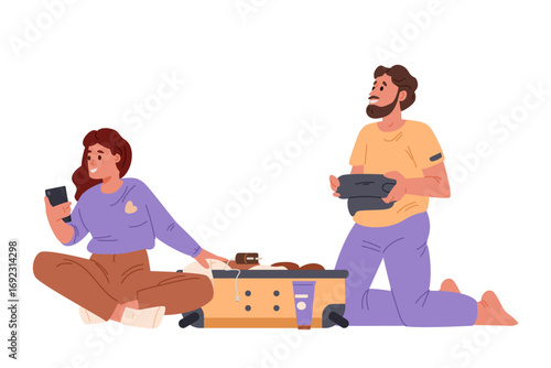 Happy young couple packing a suitcase sitting on the floor flat vector illustration isolated on white.